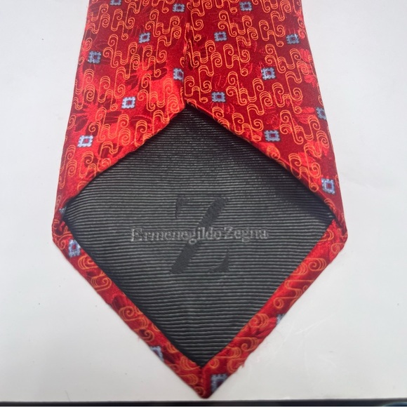 Ermenegildo Zegna Men’s Silk Neck Tie Red, Light Blue Squares, Embossed Flowers - Picture 5 of 6